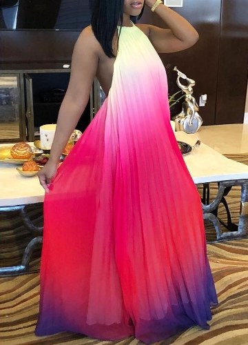 

Бохо шифон без спинки плиссированное платье без рукавов Halter Maxi платье