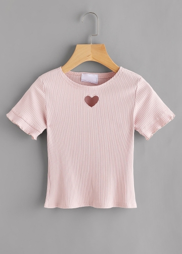 

Ribbed Knitted Short Sleeve O-Neck Cut-out Heart Solid Slim Tee