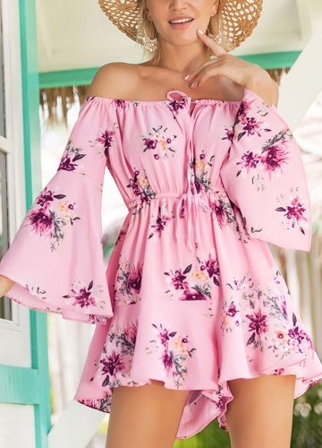 

Цветочный с плеча короткий комбинезон с флешкой рукав упругой талии Boho отдых сплетни