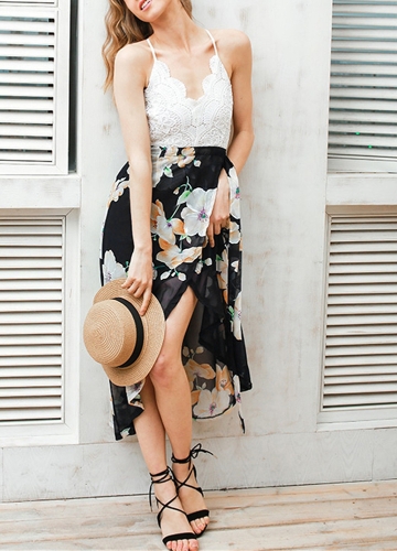 

Crochet Lace Floral Chiffon Spaghetti Strap Cross Over Sleeveless Backless One-Piece Dress