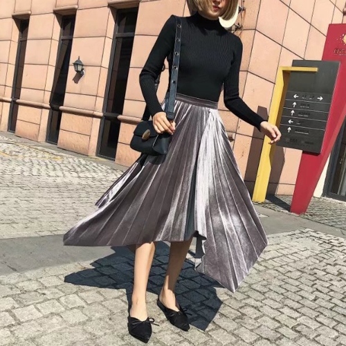 

Summer Style Pleated Skirt Elastic High Waist Solid Thick Breathble Party Club Dress