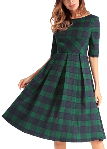 

Vintage Plaid Check V Back Knee-Length Casual Party Dress