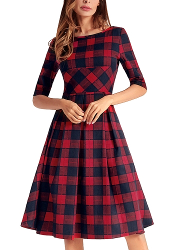 

Vintage Plaid Check V Back Knee-Length Casual Party Dress
