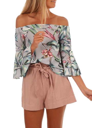 

Floral Print Cold Shoulder Slash Neck Flare Sleeve Crop Tops