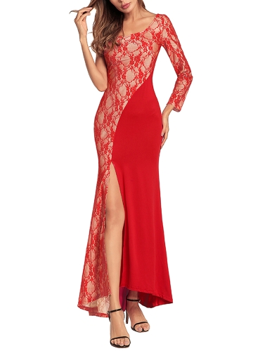 

Одно плечо Кружева с длинным рукавом Сплит Slim Bodycon Maxi Dress