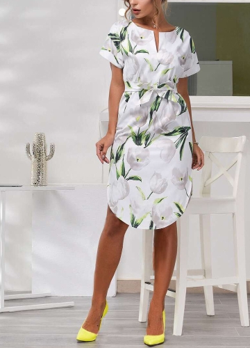 

Boho Floral Print V Neck Short Sleeve Dress Irregular Hem Self-tie Waist Beach Dress