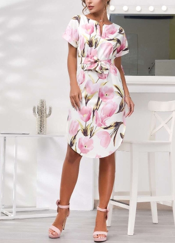 

Boho Floral Print V Neck Short Sleeve Dress Irregular Hem Self-tie Waist Beach Dress