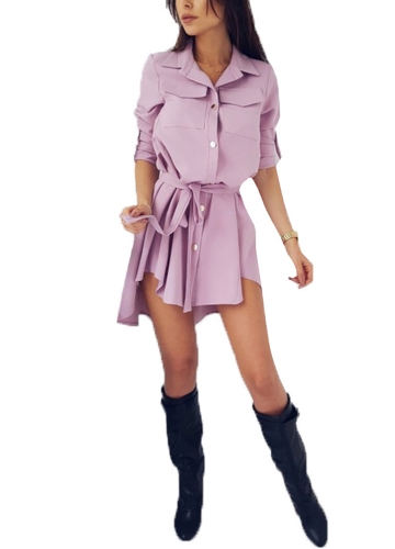 

Shirt Turn Down Collar Roll-Up Sleeve Button Solid Slim Casual Belted Mini Dress