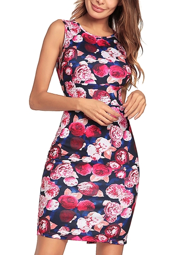 

Floral Print Sleeveless O Neck Back Slit Bodycon Mini Dress