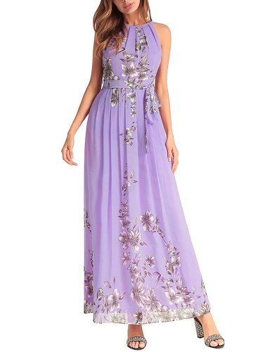 

Boho Floral Chiffon Halter Sleeveless Maxi Dress