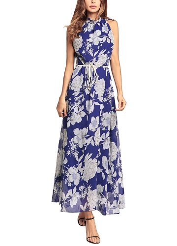 

Floral Print Chiffon Halter Neck SleevelessBoho Maxi Dress