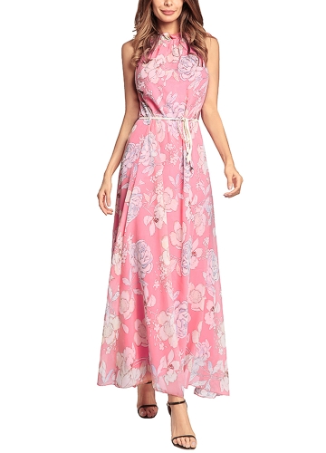 

Floral Print Chiffon Halter Neck SleevelessBoho Maxi Dress