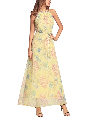 

Floral Print Chiffon Halter Neck SleevelessBoho Maxi Dress