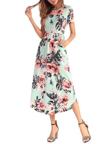 

Цветочная печать O-образным вырезом с коротким рукавом Pocket Midi Dress