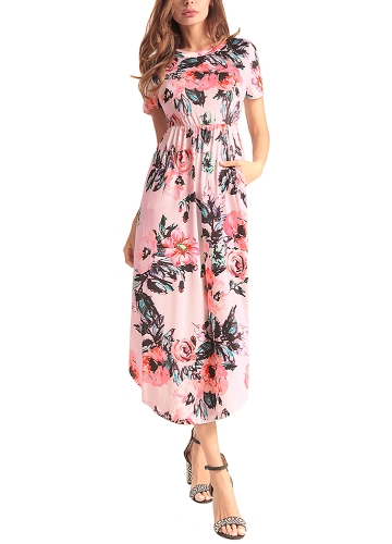 

Floral Print O-Neck Short Sleeve Pocket Midi Dress