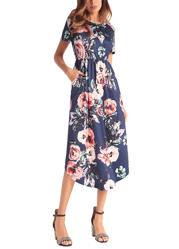 

Floral Print O-Neck Short Sleeve Pocket Midi Dress