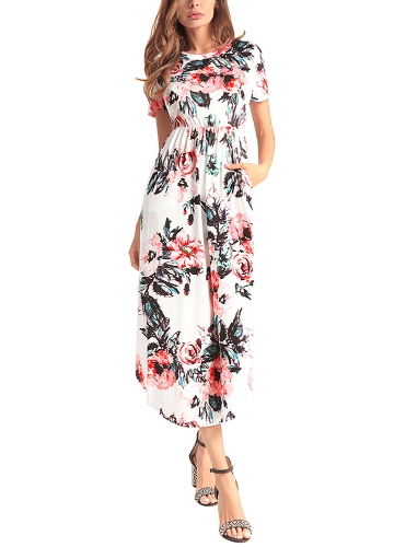

Floral Print O-Neck Short Sleeve Pocket Midi Dress