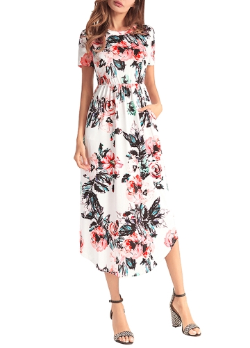 

Цветочная печать O-образным вырезом с коротким рукавом Pocket Midi Dress