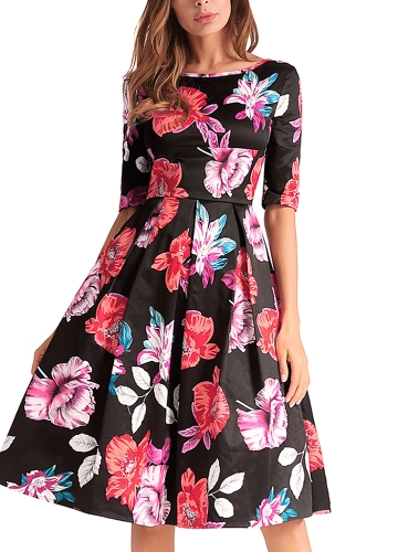 

Contrast Floral Print V Back Half Sleeve High Waist Pleated Midi Dress