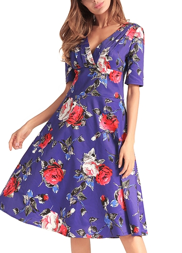 

Floral Print Short Sleeves V-Neck High Waist Zip A-Line Dress