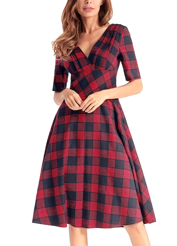 

Plaid Checked V-Neck Short Sleeve Slim Vintage A-Line Dress