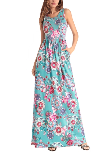 

Floral Print Sleeveless Elastic Waist Boho Tank Maxi Dress