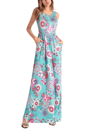 

Цветочная печать без рукавов эластичная талия Boho Tank Maxi Dress