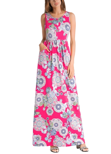 

Floral Print Sleeveless Elastic Waist Boho Tank Maxi Dress