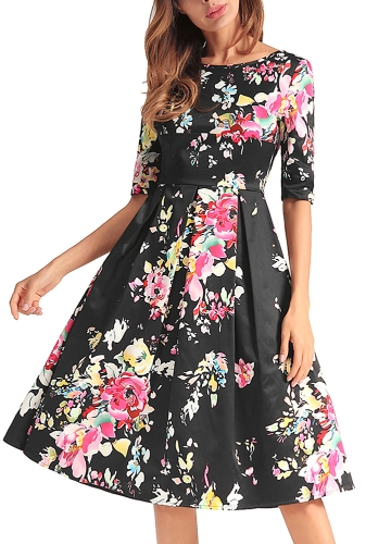 

Vintage Floral Print Pleated V Back High Waist Half Sleeve Retro Dress
