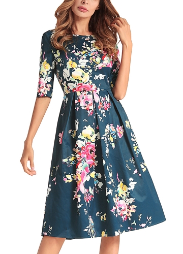 

Vintage Floral Print Pleated V Back Высокое талия с половиной рукавом ретро платье