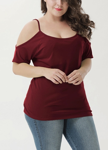 

Large Size Spaghetti Strap Off the Shoulder Short Sleeve Casual Loose Tee