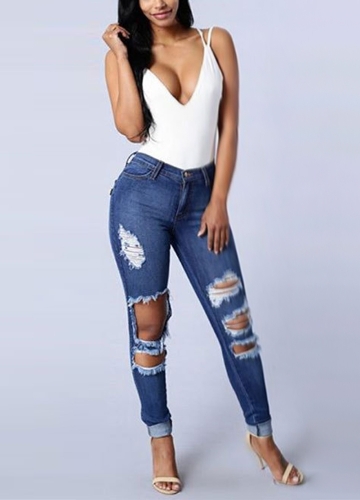 

Ripped Jeans High Waist Holes Functional Pockets Destroyed Skinny Jeans