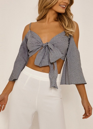 

Plaid Off Sthe houlder Blouse Deep V Neck Tie Front Flare Sleeve Crop Top