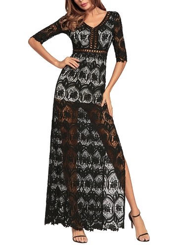 

Полый вязаный крючок V Шея с половиной рукавом Бедро Slit Maxi Dress