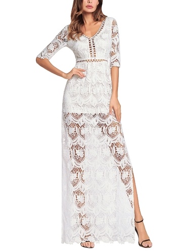 

Hollow Out Crochet V Neck Half Sleeve Thigh Slit Maxi Dress