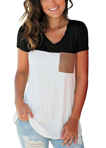 

Color Splice Short Sleeves V Neck Casual Top