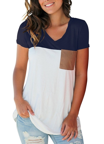 

Color Splice Short Sleeves V Neck Casual Top