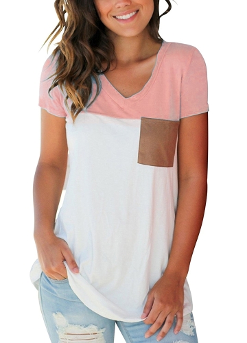 

Color Splice Short Sleeves V Neck Casual Top