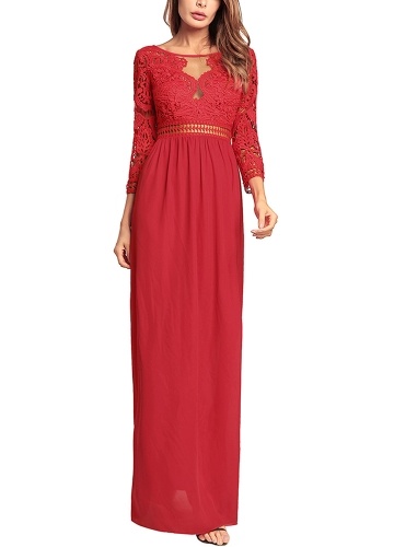 

Chiffon Lace Hollow Out 3/4 Sleeves High Waist Gown Dress