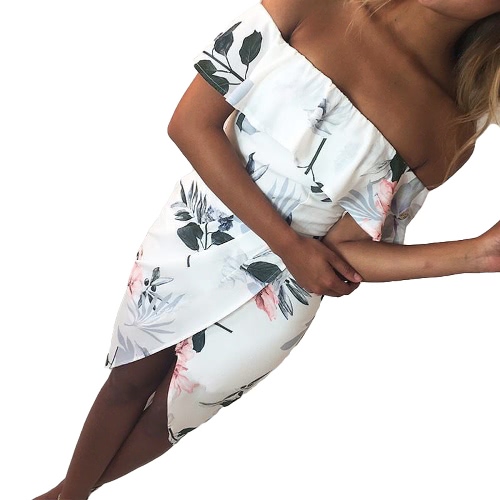 

Sexy Summer Boho от плеча Цветочная печать Asymmetric Ruched Women's Dress