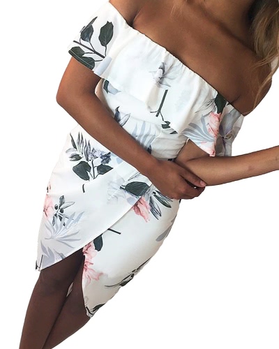 

Sexy Summer Boho Off Shoulder Floral Print Asymmetric Ruched Women's Dress