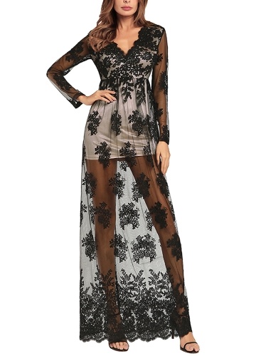 

Sheer Mesh Вышитые V шеи с длинными рукавами Высокое талия Maxi Dress