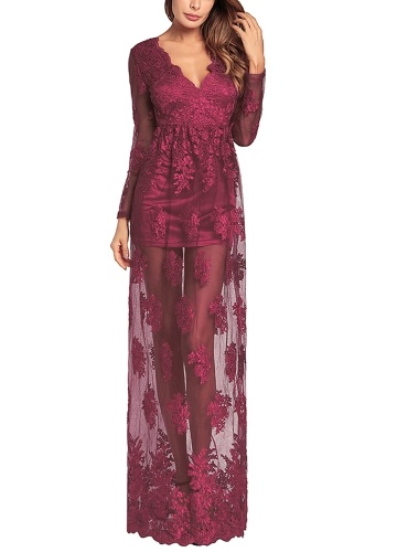 

Sheer Mesh Вышитые V шеи с длинными рукавами Высокое талия Maxi Dress