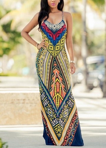 

Geometry Print Spaghetti Strap Slim Casual Holiday Dress