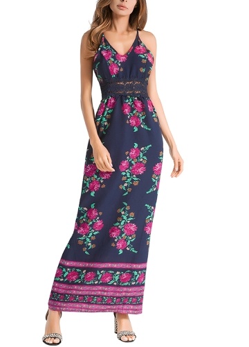 

Floral Print Lace Sleeveless V-Neck High Waist A-Line Boho Maxi Dress