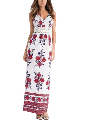 

Floral Print Lace Sleeveless V-Neck High Waist A-Line Boho Maxi Dress