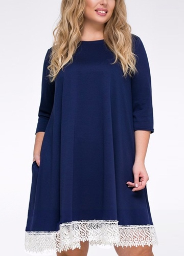 

Plus Size Lace Hem O-Neck 3/4 Sleeve Pockets Loose Mini Dress