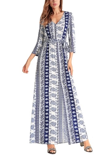 

Chiffon Print front Split V Neck High Waist 3/4 Sleeve Maxi Dress