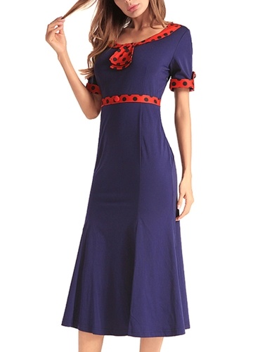

1950s Vintage Polka Dot Splice O Neck Short Sleeve Mermaid Trumpet Dress