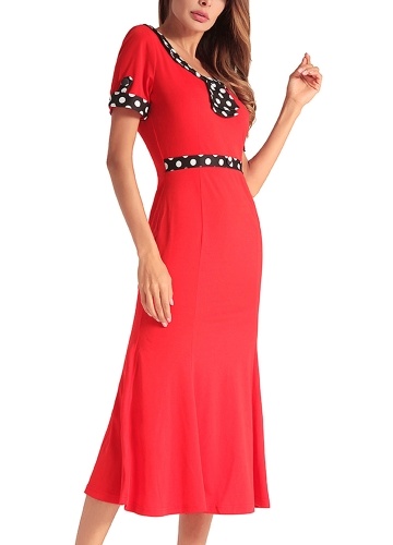

1950s Vintage Polka Dot Splice O Neck Short Sleeve Mermaid Trumpet Dress